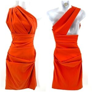 Preen By Thornton Bregazzi Dress Size Small One Shoulder Orange Goddess Pleated